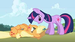 Size: 1920x1080 | Tagged: safe, screencap, applejack, twilight sparkle, applebuck season, g4, lidded eyes, out of context