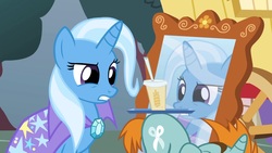 Size: 1920x1080 | Tagged: safe, screencap, snips, trixie, pony, unicorn, boast busters, g4, season 1, cup, female, mare, mirror, oat smoothie, out of context, smoothie, straw