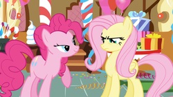 Size: 1920x1080 | Tagged: safe, screencap, fluttershy, pinkie pie, g4, griffon the brush off, angry, lidded eyes, out of context