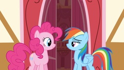 Size: 1920x1080 | Tagged: safe, screencap, pinkie pie, rainbow dash, g4, griffon the brush off, lidded eyes, out of context