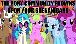 Size: 1200x700 | Tagged: safe, edit, screencap, berry punch, berryshine, blues, bon bon, cherry berry, daisy, dj pon-3, flower wishes, linky, mochaccino, noteworthy, rare find, shoeshine, sweetie drops, vinyl scratch, earth pony, pony, unicorn, g4, magical mystery cure, caption, female, frown, image macro, male, mare, reaction image, shenanigans, stallion, text