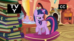 Size: 1920x1080 | Tagged: safe, screencap, twilight sparkle, pony, unicorn, g4, spike at your service, book, female, golden oaks library, library, lidded eyes, mare, out of context