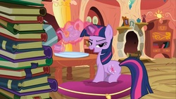 Size: 1920x1080 | Tagged: safe, screencap, twilight sparkle, pony, unicorn, g4, spike at your service, book, female, golden oaks library, library, lidded eyes, mare, out of context