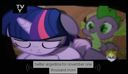 Size: 528x308 | Tagged: safe, screencap, spike, twilight sparkle, g4, hub logo, hubble, the hub, youtube caption