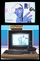 Size: 600x912 | Tagged: safe, artist:tobibrocki, rainbow dash, g4, commodore 64, computer, controller, floppy drive, irl, joystick, keyboard, photo