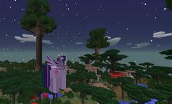 Size: 1500x910 | Tagged: safe, twilight sparkle, alicorn, pony, g4, female, flying, forest, game screencap, giant mushroom, mare, mine little pony, minecraft, mod, tree, twilight sparkle (alicorn)