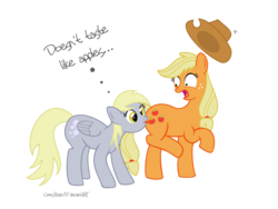 Size: 1500x1125 | Tagged: safe, artist:emmybear24, applejack, derpy hooves, pegasus, pony, g4, cutie mark licking, female, licking, mare, simple background, transparent background