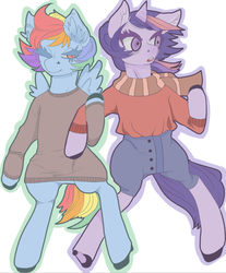 Size: 697x840 | Tagged: safe, artist:thedeermiddleground, rainbow dash, twilight sparkle, pegasus, unicorn, semi-anthro, g4, bipedal, clothes, eyebrows, scarf, ship:twidash, shipping