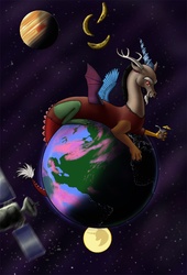 Size: 700x1029 | Tagged: dead source, safe, artist:kitta-is-love, artist:sylvertalon, discord, draconequus, g4, banana, great red spot, jupiter, macro, male, mare in the moon, moon, planet, pony bigger than a planet, satellite, solo, space