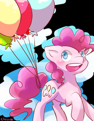 Size: 700x900 | Tagged: safe, artist:cheerubi, pinkie pie, earth pony, pony, g4, balloon, blushing, cloud, cutie mark, female, happy, open mouth, sky, solo, then watch her balloons lift her up to the sky