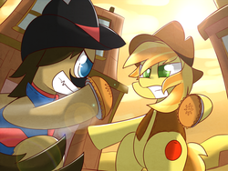 Size: 1600x1200 | Tagged: dead source, safe, artist:kty159, braeburn, sheriff silverstar, earth pony, pony, g4, apple pie, duo, fight, food fight, male, pie, stallion