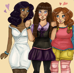 Size: 600x593 | Tagged: safe, artist:superlucky13, pinkie pie, rarity, twilight sparkle, human, g4, dark skin, female, humanized, lesbian, natural hair color, polyamory, rarilightpie, ship:rarilight, ship:raripie, ship:twinkie, shipping