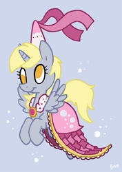 Size: 528x745 | Tagged: safe, artist:kiguren, derpy hooves, alicorn, pony, g4, alicornified, blue background, bubble, clothes, derpicorn, dress, female, mare, muffin queen, princess, princess derpy, race swap, simple background, solo