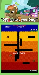 Size: 563x1074 | Tagged: safe, apple bytes, archer (g4), button mash, scootablue, g4, arcade, dig dug, exploitable meme, high score, high score plays, meme