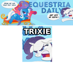 Size: 1000x869 | Tagged: safe, rarity, trixie, equestria daily, g4, couch, dinkleberg, draw me like one of your french girls, fainting couch, inconvenient trixie, meme