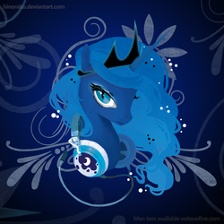 Size: 1299x1299 | Tagged: safe, artist:hinoraito, princess luna, pony, g4, abstract background, bust, crown, female, headphones, jewelry, looking at you, mare, portrait, regalia, slit pupils, solo