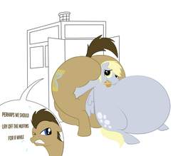 Size: 2000x1751 | Tagged: source needed, safe, artist:lollipoppaintbrush, derpy hooves, doctor whooves, time turner, pegasus, pony, g4, aderpose, belly, bhm, bloated, butt, butt pushing, buttstuck, fat, female, huge butt, impossibly large belly, impossibly large butt, large butt, mare, morbidly obese, muffin, need to go on a diet, need to lose weight, obese, plot, stuck, sweat, tardis, the ass is monstrously oversized for tight entrance, the ass was fat, the ass was too fat, too fat, too fat to fit, too fat to get through