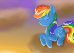 Size: 3000x2143 | Tagged: safe, artist:ardail, rainbow dash, g4, closed mouth, cloud, eyes closed, folded wings, lying down, on a cloud, prone, relaxing, side view, solo, wings
