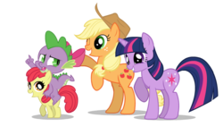 Size: 735x444 | Tagged: safe, artist:mixermike622, edit, apple bloom, applejack, spike, twilight sparkle, dragon, earth pony, pony, unicorn, g4, apple bloom's bow, bow, cropped, dragons riding ponies, female, filly, foal, group, hair bow, male, mare, quartet, riding, spike riding apple bloom, unicorn twilight