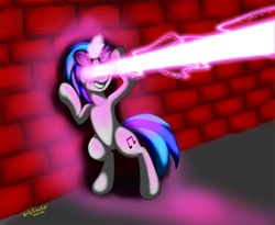 Size: 750x615 | Tagged: safe, artist:btbunny, dj pon-3, vinyl scratch, g4, bipedal, brick wall, crossover, cyclops (marvel), eye beams, female, grin, laser, magic, mare, optic blast, smiling, sonata du octave, vyclops, x-men