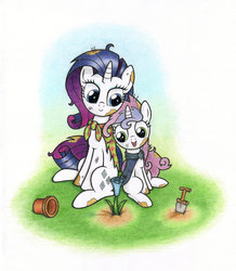 Size: 2000x2291 | Tagged: safe, artist:agamnentzar, rarity, sweetie belle, g4, flower, gardening