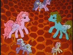 Size: 640x480 | Tagged: safe, screencap, forget-me-not, honeysuckle, lily (g1), morning glory, rosedust, flutter pony, g1, my little pony 'n friends, angry, female, honeycomb (structure), queen rosedust