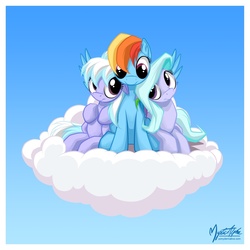 Size: 1040x1040 | Tagged: safe, artist:mysticalpha, cloudchaser, flitter, rainbow dash, pony, g4, cloud, trio