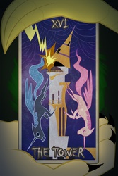 Size: 700x1048 | Tagged: safe, artist:peachiekeenie, discord, princess celestia, princess luna, g4, card, tarot card, the tower