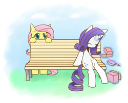 Size: 1181x955 | Tagged: safe, artist:howxu, fluttershy, rarity, pegasus, pony, unicorn, g4, bench, brush, duo, hairbrush, makeup, prankstershy