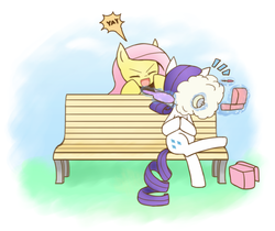 Size: 1181x990 | Tagged: safe, artist:howxu, fluttershy, rarity, pegasus, pony, unicorn, g4, bench, brush, duo, hairbrush, makeup, prankstershy, yay