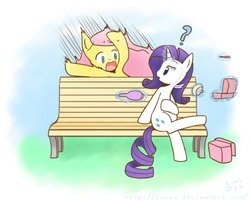 Size: 1181x949 | Tagged: safe, artist:howxu, fluttershy, rarity, pegasus, pony, unicorn, g4, bench, brush, duo, hairbrush, makeup, prankstershy, question mark, startled