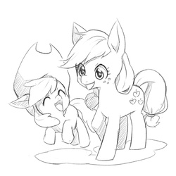 Size: 850x850 | Tagged: safe, artist:nicowaha, apple bloom, applejack, g4, accessory swap, grayscale, monochrome, simple background, white background