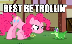 Size: 820x503 | Tagged: safe, edit, edited screencap, screencap, gummy, pinkie pie, g4, party of one, caption, image macro, scrunchy face