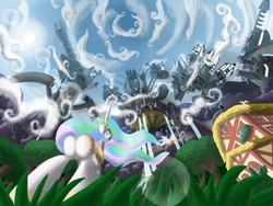 Size: 2000x1500 | Tagged: safe, artist:cgeta, princess celestia, alicorn, pony, robot, g4, butt, featureless crotch, fisheye lens, invasion, plot, sunbutt