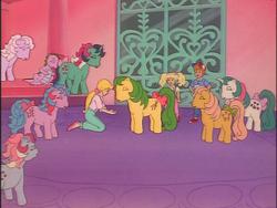 Size: 640x480 | Tagged: safe, screencap, buttons (g1), danny williams, fizzy, gusty, lickety-split, magic star, megan williams, molly williams, posey, spike (g1), sweet stuff, twinkle eyed pony, g1, my little pony 'n friends, the magic coins, paradise estate, pray, wish
