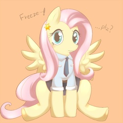 Size: 800x804 | Tagged: safe, artist:syansyan, fluttershy, g4, clothes, necktie, orange background, pixiv, simple background, uniform