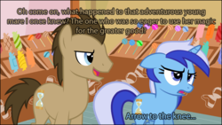 Size: 1023x576 | Tagged: safe, artist:tritebristle, doctor whooves, minuette, time turner, earth pony, pony, unicorn, g4, arrow in the knee (meme), meme