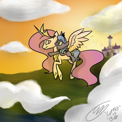 Size: 1000x1000 | Tagged: safe, artist:coffeycup, princess celestia, princess luna, alicorn, pony, g4, cloud, cloudy, duo, female, filly, flying, luna riding celestia, ponies riding ponies, riding, siblings, sisters, woona