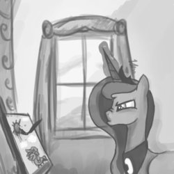 Size: 894x894 | Tagged: dead source, safe, artist:coffeycup, applejack, princess luna, alicorn, pony, g4, grayscale, magic, monochrome, nose wrinkle, paintbrush, painting, solo, telekinesis