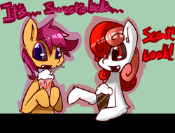 Size: 850x650 | Tagged: safe, artist:serendipity-kitty, scootaloo, sweetie belle, pony, g4, collar, lesboloo, milkshake