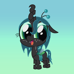Size: 500x500 | Tagged: safe, artist:starwingcorona, artist:syggie, queen chrysalis, changeling, changeling queen, nymph, ask the changeling princess, g4, big eyes, crown, cute, cutealis, fangs, female, filly, filly queen chrysalis, foal, freckles, gradient background, happy, jewelry, looking at you, regalia, small wings, smiling, solo, standing, wings, younger