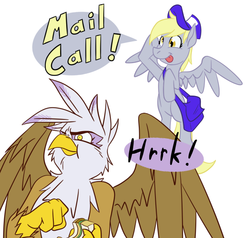 Size: 600x570 | Tagged: safe, artist:gilded-wings, derpy hooves, gilda, griffon, g4, ask, mail, mailmare, sandwich, text, tumblr
