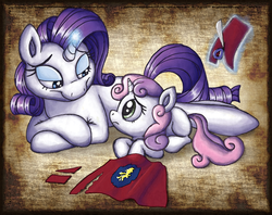 Size: 1386x1097 | Tagged: safe, artist:raunchyopposition, rarity, sweetie belle, g4, cape, clothes, cmc cape