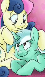Size: 391x670 | Tagged: safe, artist:spainfischer, bon bon, lyra heartstrings, sweetie drops, earth pony, pony, g4, female, heart, lesbian, looking at each other, portrait, ship:lyrabon, shipping, smiling