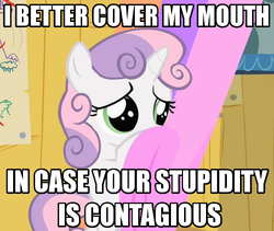 Size: 500x422 | Tagged: safe, edit, edited screencap, screencap, sweetie belle, pony, g4, the show stoppers, bipedal, cropped, female, hiding, image macro, reaction image, solo, stupidity