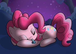 Size: 700x500 | Tagged: safe, artist:nerow94, pinkie pie, earth pony, pony, g4, cute, diapinkes, eyes closed, female, mare, mouth hold, party horn, prone, sleeping, solo