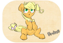 Size: 800x547 | Tagged: safe, artist:cider, applejack, g4, alternate hairstyle, front view, full body, hooves to the chest, looking up, simple background, sitting, solo, transparent background