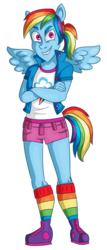 Size: 600x1402 | Tagged: safe, artist:catlikeacat, rainbow dash, human, equestria girls, g4, clothes, crossed arms, eared humanization, female, humanized, ponytail, rainbow socks, shoes, shorts, simple background, socks, solo, striped socks, tail, tailed humanization, transparent background, winged humanization, wings