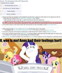 Size: 1152x1358 | Tagged: safe, edit, edited screencap, screencap, rarity, oc, oc:anon, earth pony, pegasus, pony, unicorn, g4, ponyville confidential, cr, eyes closed, horn, i'll destroy her, meta, newspaper, nostalgia critic, son of the mask, text, tv tropes, written equestrian
