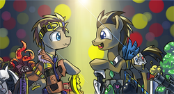 Size: 600x325 | Tagged: safe, artist:saturnspace, doctor whooves, time turner, earth pony, pony, clockwise whooves, doctor whooves and assistant, g4, abstract background, clothes, eye contact, gak, looking at each other, male, multiverse, stallion